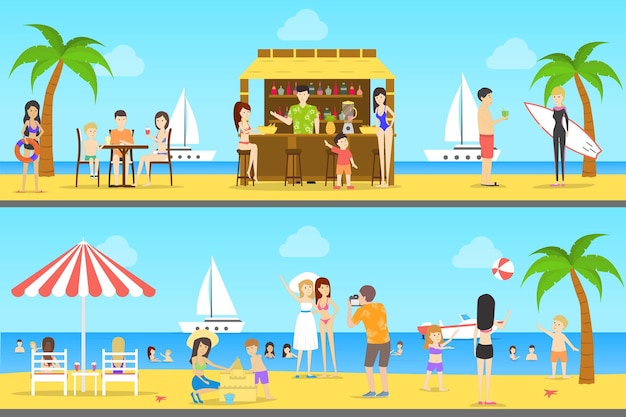 Free Vector people at the beach set of illustrations cafe with fresh drinks yachts and surfing summer resort