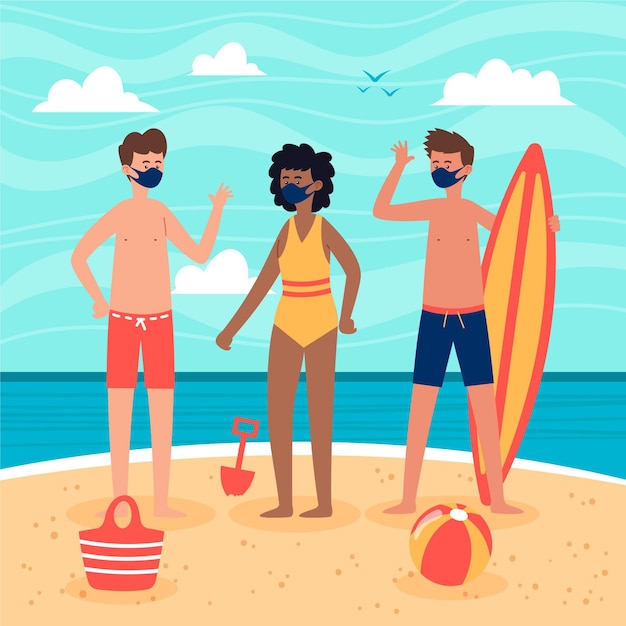 Free Vector people on the beach wearing face masks