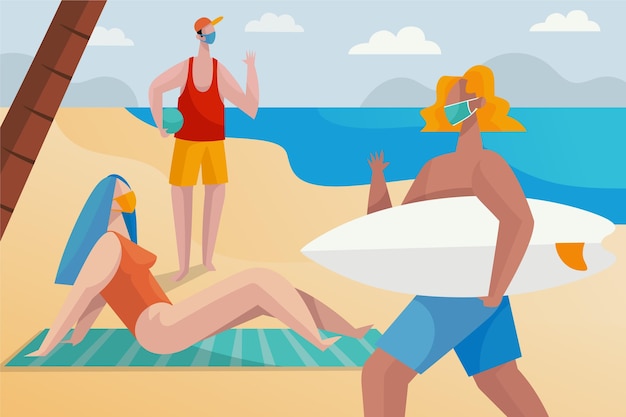 Free vector people on the beach with masks