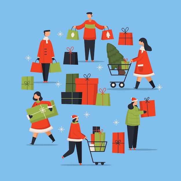 Free Vector people buying christmas gifts set