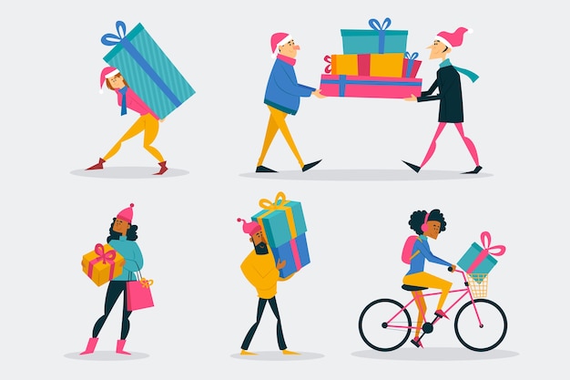 Free Vector people buying christmas gifts set