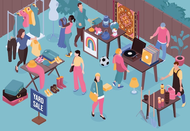 Free Vector people buying clothes garden supplies vinyl records and other goods at garage sale isometric vector illustration