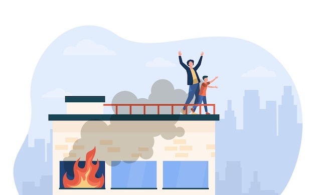 Free Vector people calling for help on top of fire building. accident, smoke, victim. cartoon illustration