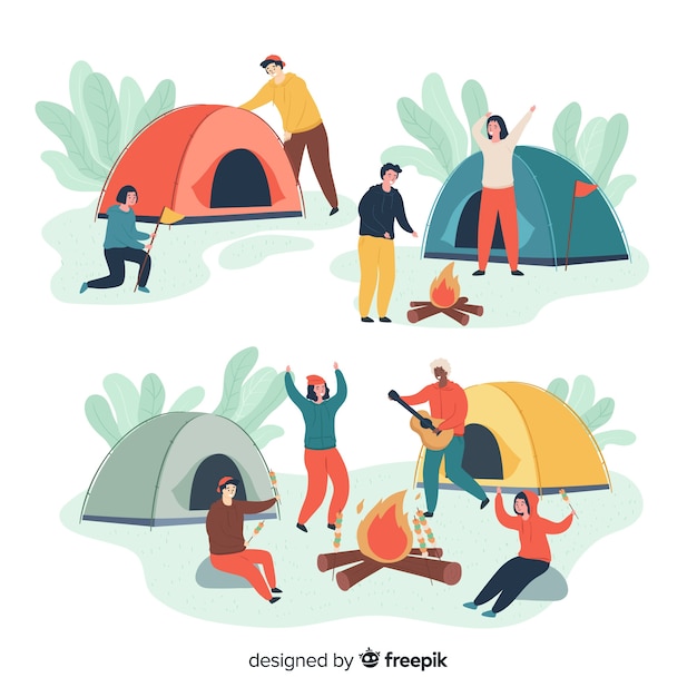 People camping hand drawn style collection