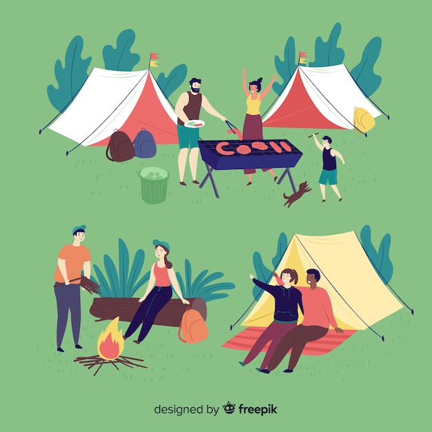 People camping hand drawn style collection