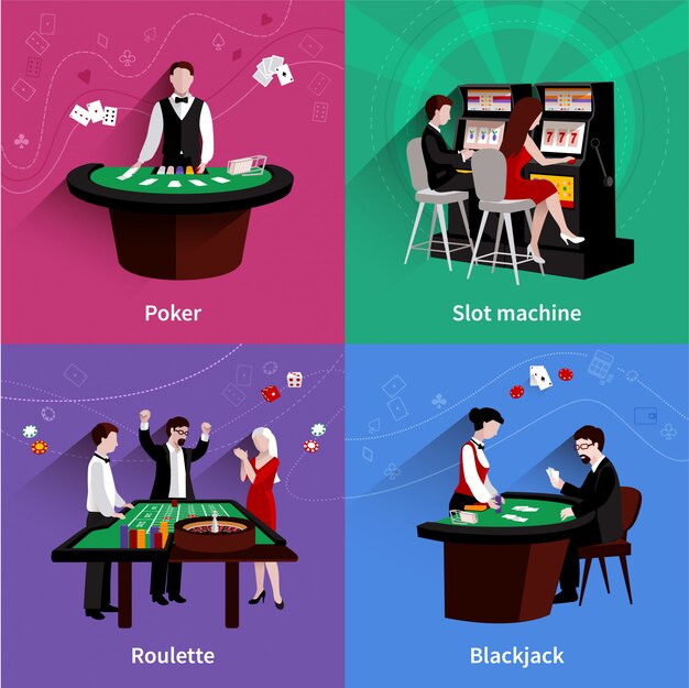 People in casino design concept set with flat poker slot machine roulette blackjack icons 