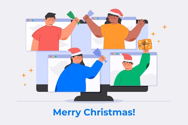 People celebrating christmas online due to quarantine illustrated