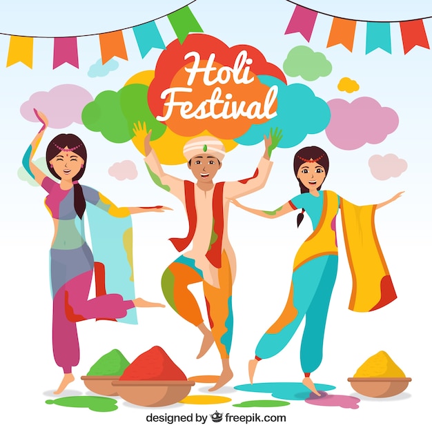 People celebrating holi festival background in flat style 