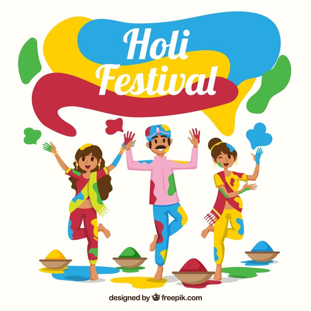 People celebrating holi festival background in flat style