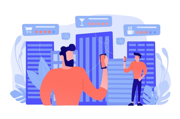 Free Vector people checking cafe, bar and retail shop rates and ranks with smartphones. intelligent service systems, smart navigation, iot and smart city concept. vector illustration