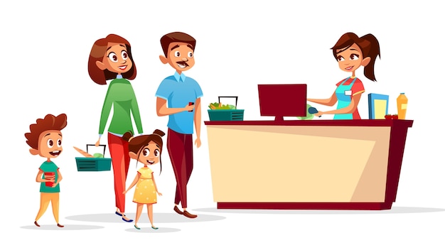 People at checkout counter of family with children in supermarket with shopping counter