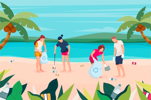 People cleaning beach ecology concept