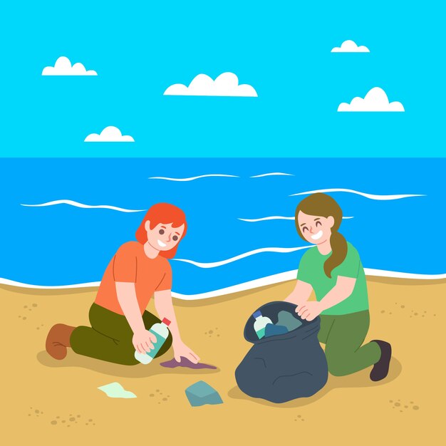 People cleaning beach of garbage