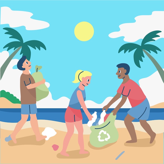 People cleaning beach illustration