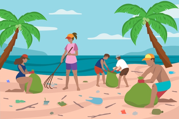 People cleaning beach illustration