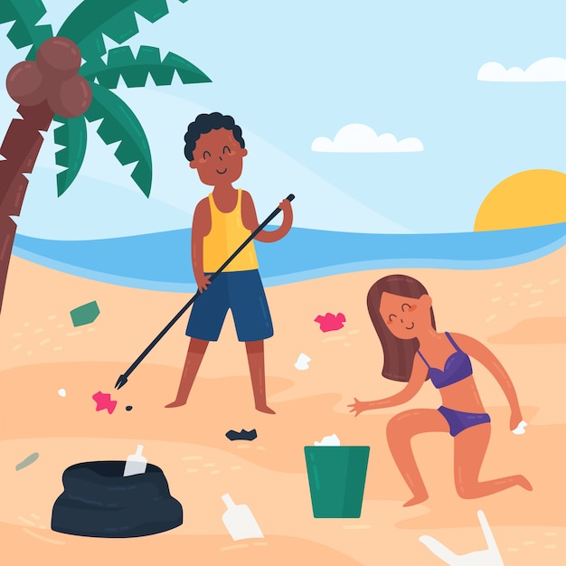 People cleaning beach illustration