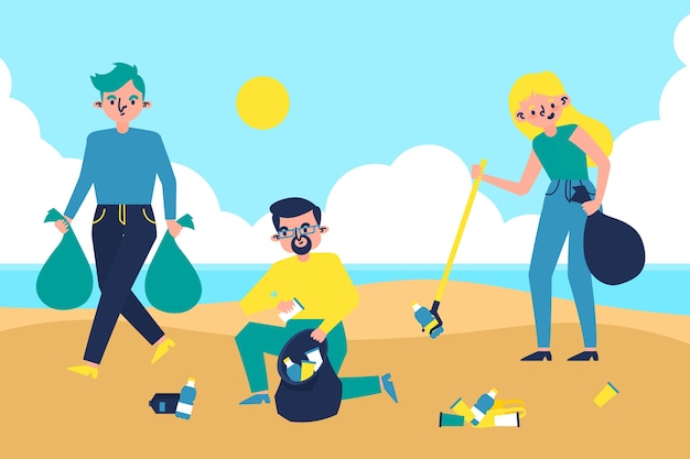 People cleaning beach illustration