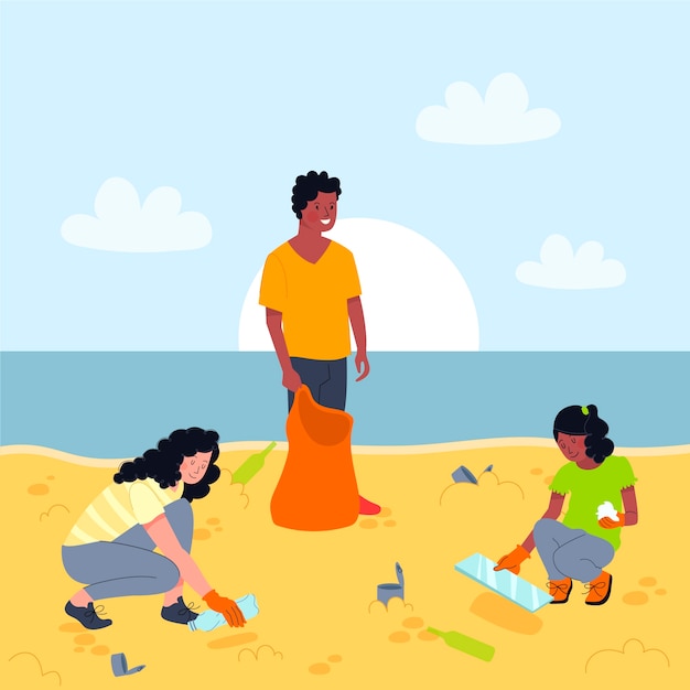 People cleaning beach illustration