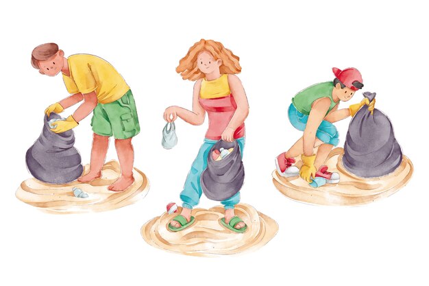 People cleaning beach illustration