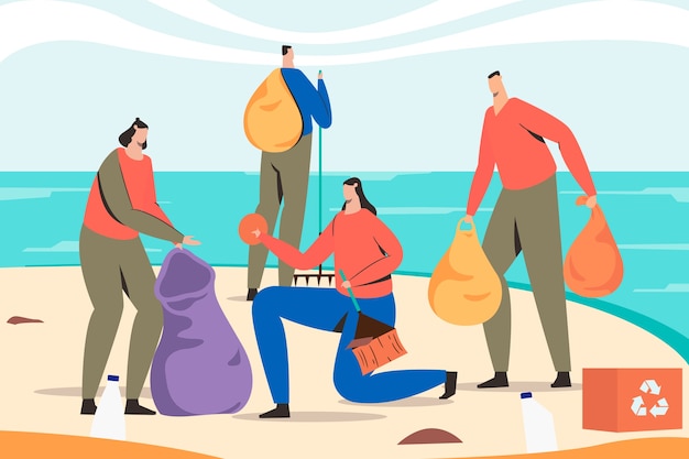 Free Vector people cleaning beach and recycle