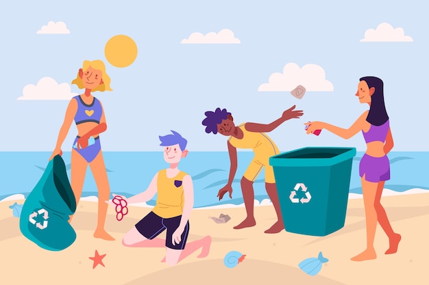 People cleaning beach of rubbish