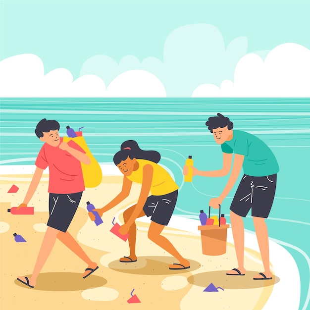 People cleaning beach of trash