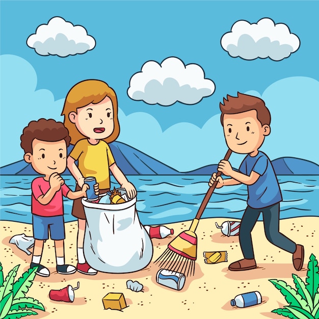 People cleaning beach