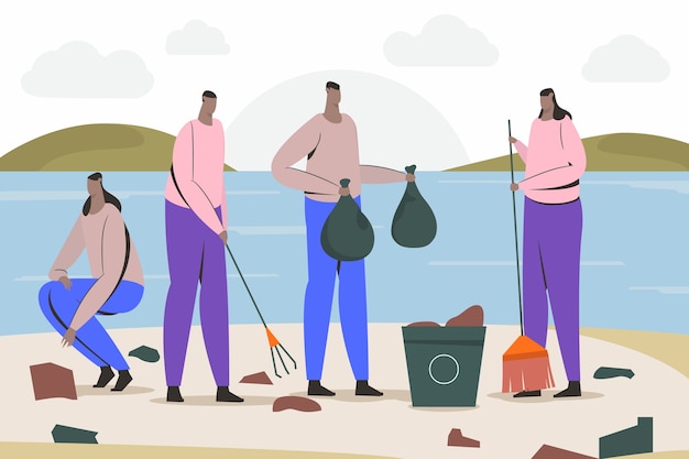 Free Vector people cleaning beach