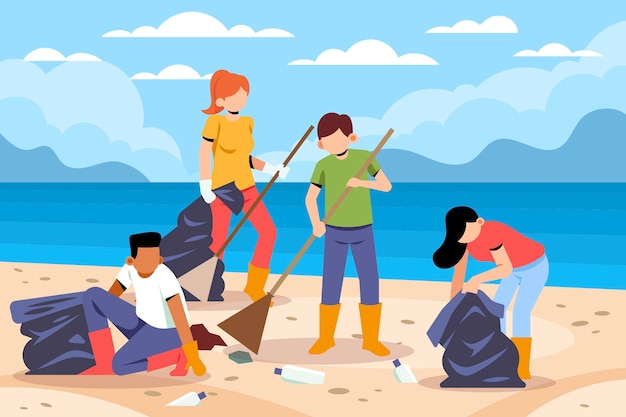 People cleaning the beaches together