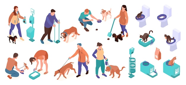 Free Vector people cleaning pets poop set with walk symbols isometric isolated vector illustration