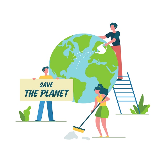 Free Vector people cleaning and restoring the earth