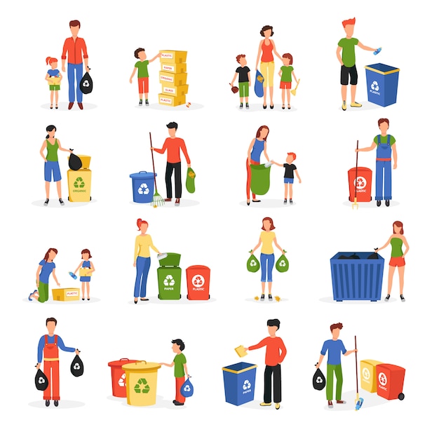 People collecting and sorting waste for recycling and reuse flat icons collection abstract isolated 