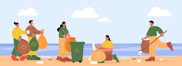 People collecting trash on beach volunteers work