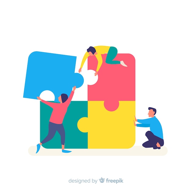 People connecting puzzle pieces colorful background