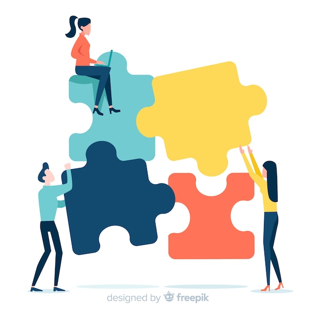 People connecting puzzle pieces colorful background