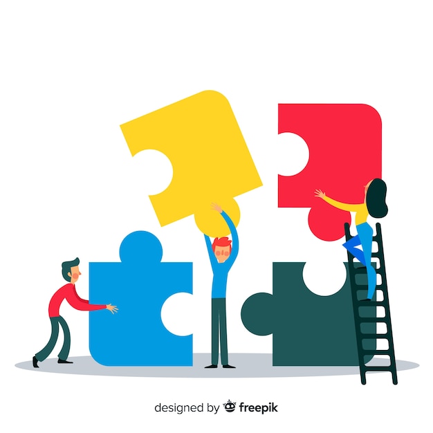 Free vector people connecting puzzle pieces colorful background