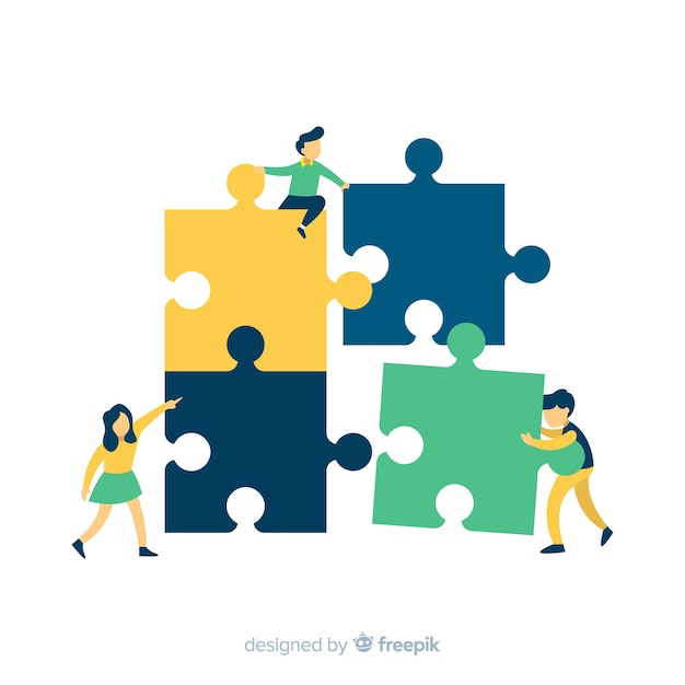 People connecting puzzle pieces colorful background