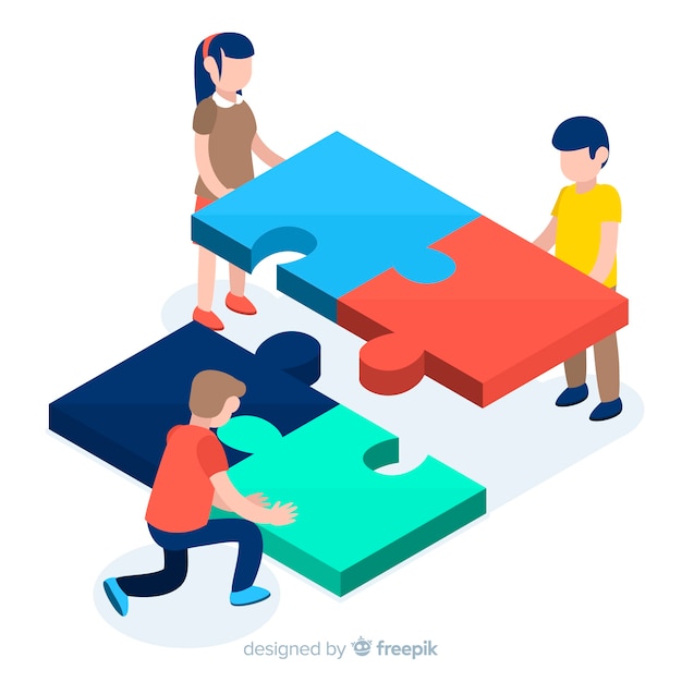 People connecting puzzle pieces isometric background