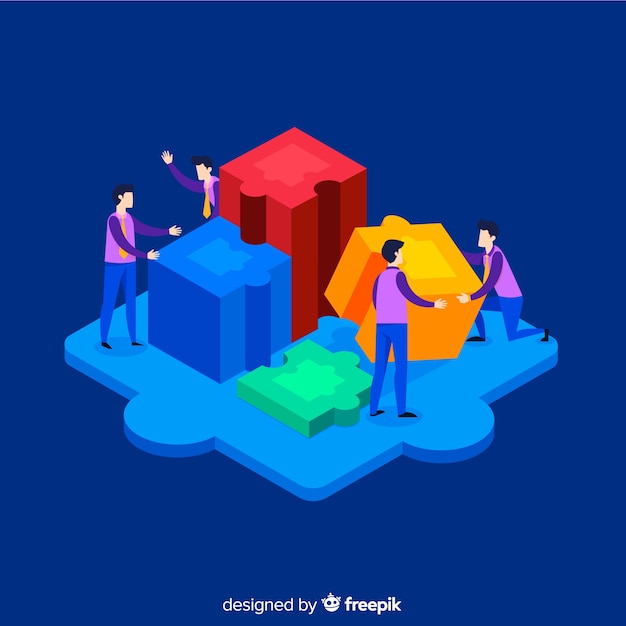 People connecting puzzle pieces isometric background