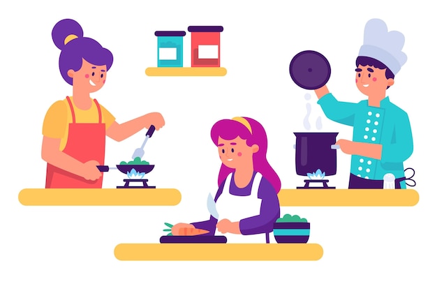 Free Vector people cooking in the kitchen collection