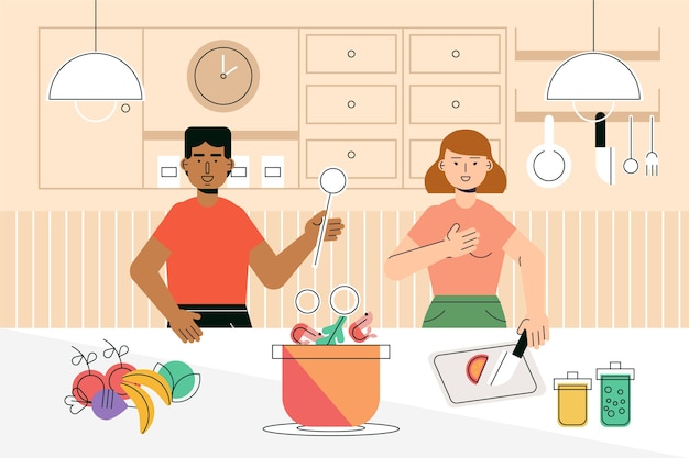 Free Vector people cooking together indoors