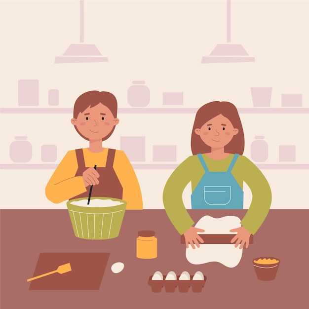 Free Vector people cooking together in the kitchen