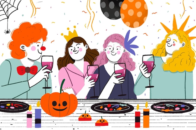 Free Vector people in costumes having a halloween dinner