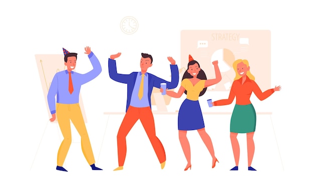 Free Vector people dancing and drinking at corporate party in office flat  illustration