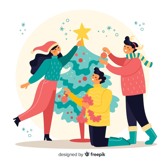 People decorating christmas tree illustration