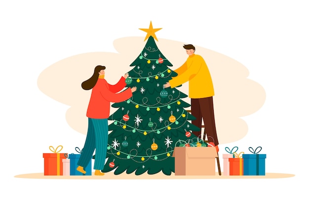 People decorating christmas tree illustration