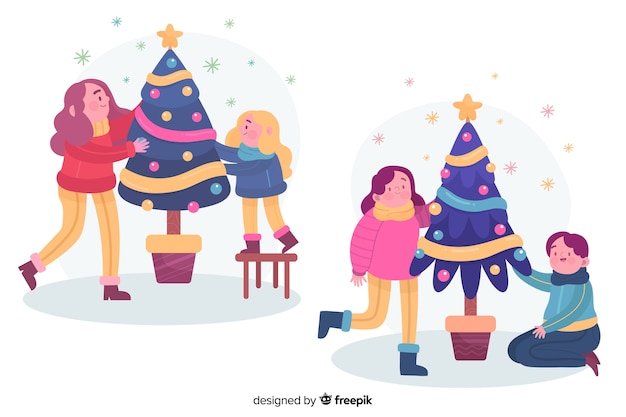 Free Vector people decorating christmas tree together illustrated