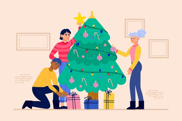 People decorating christmas tree with ornaments illustration