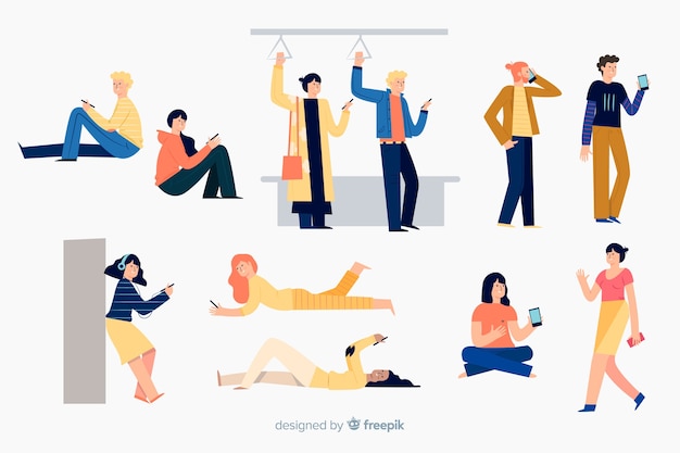 Free Vector people doing different actions with a mobile