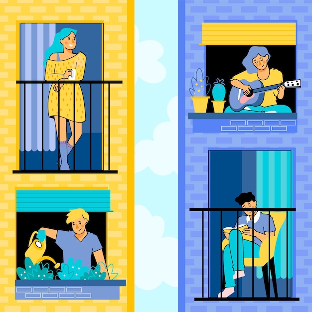 Free Vector people doing leisure activities on the balcony collection